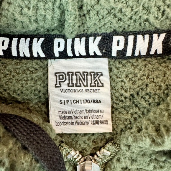 PINK Victoria's Secret Olive Green Sherpa Pullover Hoodie Quarter Zip Womens‎ S - Picture 2 of 3